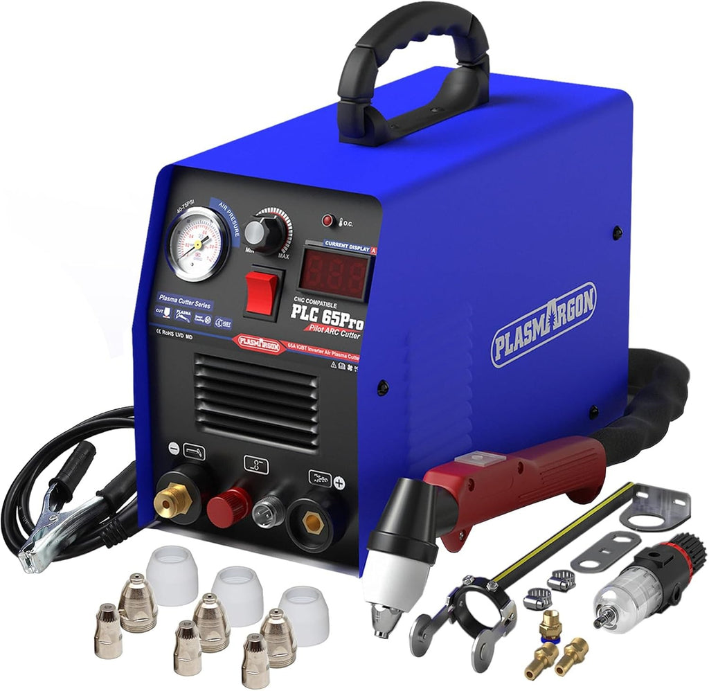 PLASMARGON PLC65Pro 65A pilot arc plasma cutter machine with P80 torch, 3 sets of consumables, ground clamp and air pressure filter on white background