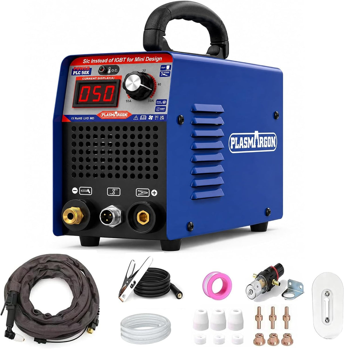 PLASMARGON PLC 50X 50A plasma cutter machine with PT31 cutting torch, ground clamp, air pressure gauge regulator, ceramic nozzles, electrode tips, guide rings and air hose