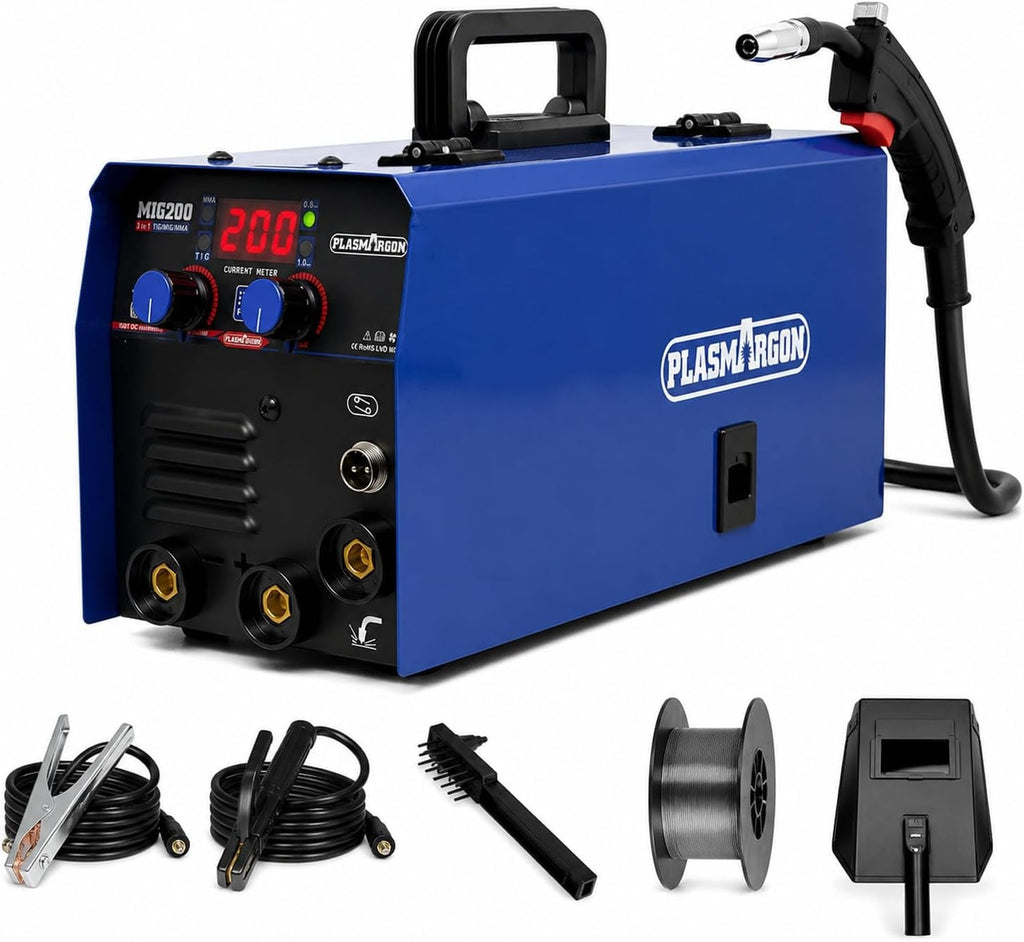 PLASMARGON MIG200 3-in-1 flux core MIG welder machine with MIG torch, ground clamp, electrode holder, wire brush, flux core wire spool and welding helmet