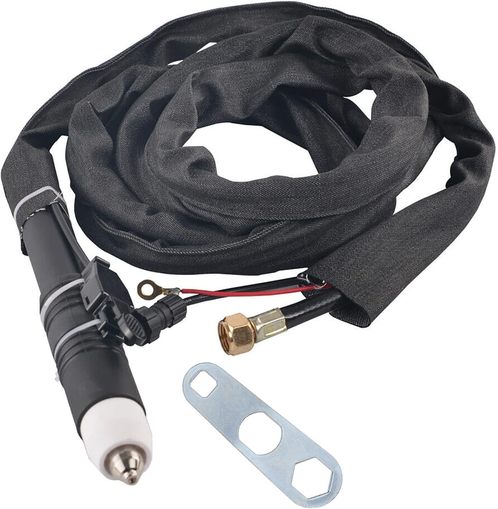 PLASMARGON P80 pilot arc plasma cutting torch with coiled cable, two-hole connector and wrench on white background