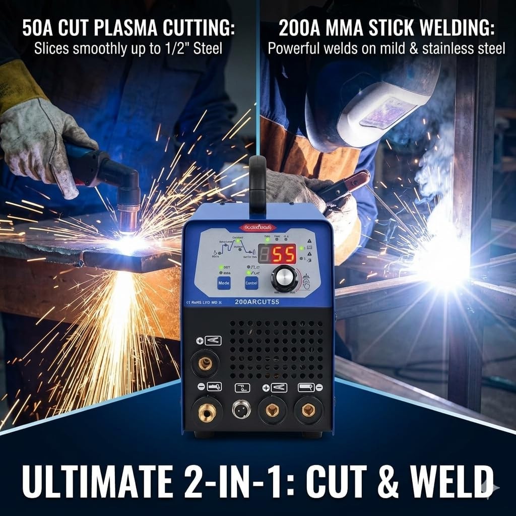 200ARCUT55 ultimate 2-in-1 cut and weld: plasma cutting and 200A MMA stick welding on mild and stainless steel, one machine two jobs