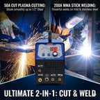 200ARCUT55 ultimate 2-in-1 cut and weld: plasma cutting and 200A MMA stick welding on mild and stainless steel, one machine two jobs