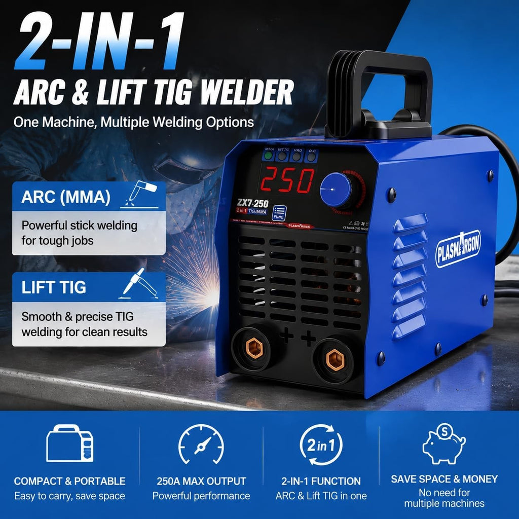 ZX7-250 2-in-1 ARC MMA and Lift TIG welder, one machine with multiple welding options, compact portable design with 250A max output