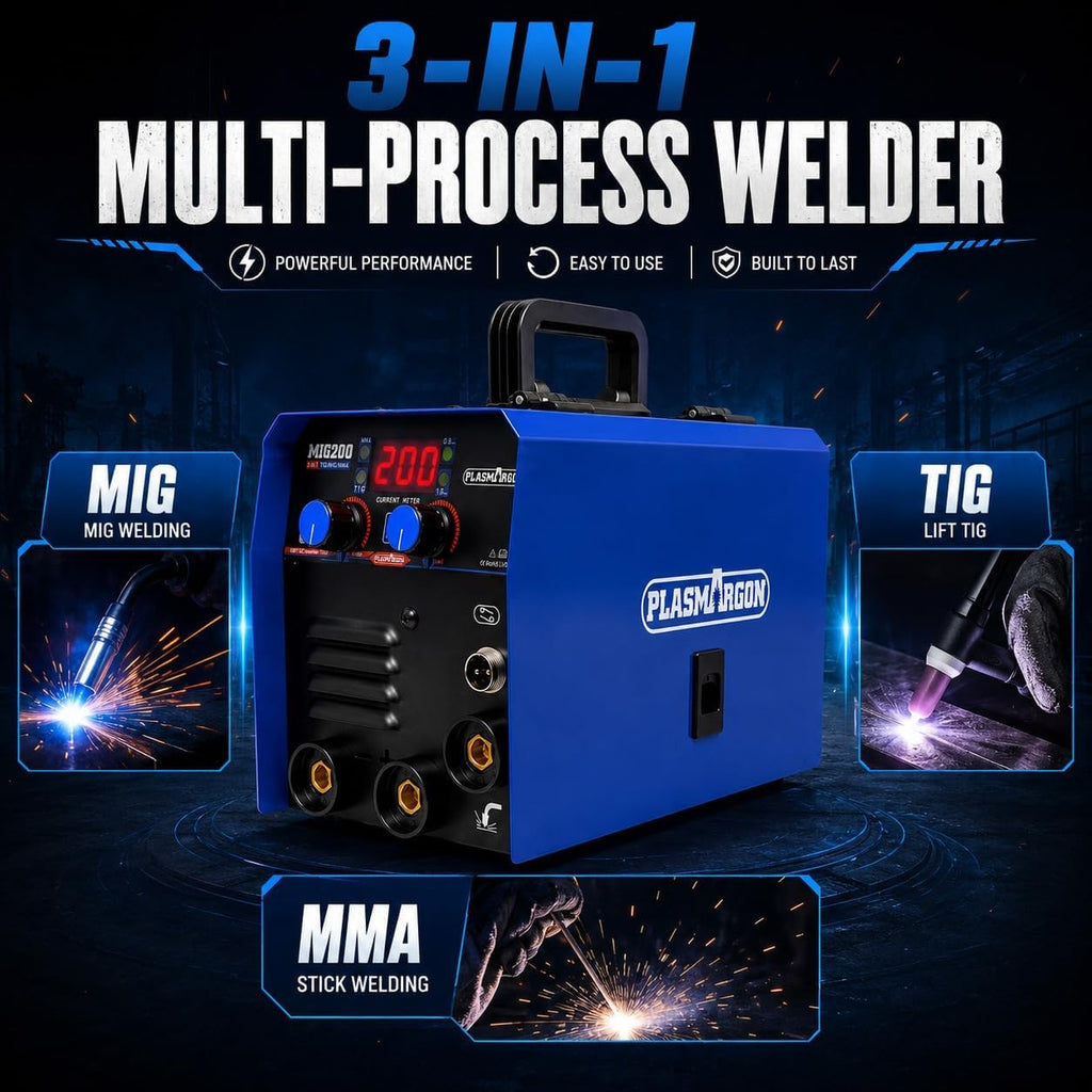 MIG200 multi-process welder diagram showing MIG welding, Lift TIG and MMA stick welding modes