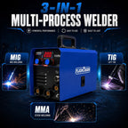 MIG200 multi-process welder diagram showing MIG welding, Lift TIG and MMA stick welding modes