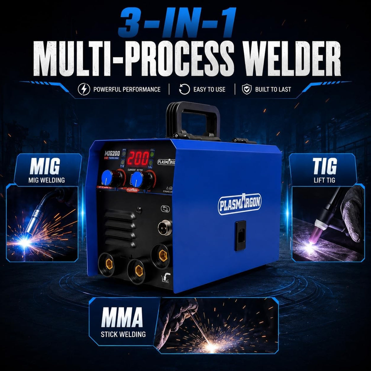 MIG200 multi-process welder diagram showing MIG welding, Lift TIG and MMA stick welding modes