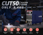 PLC 50X plasma cutter portable 5.4 kg design shown cutting steel, with dual voltage 110V 220V, IGBT technology, mechanical pressure gauge and 50/60 Hz features