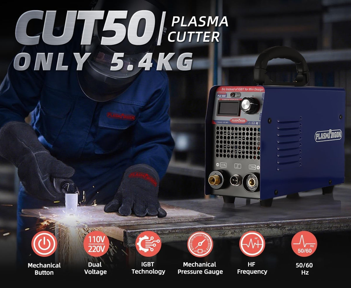 PLC 50X plasma cutter portable 5.4 kg design shown cutting steel, with dual voltage 110V 220V, IGBT technology, mechanical pressure gauge and 50/60 Hz features