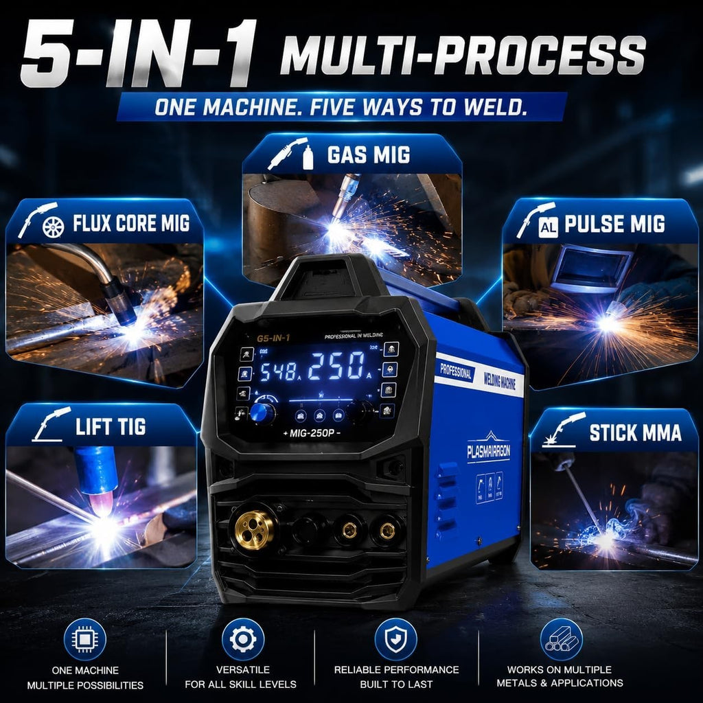 MIG-250P 5-in-1 multi-process welding: gas MIG, flux core MIG, pulse MIG for aluminum, lift TIG and stick MMA, one machine five ways to weld