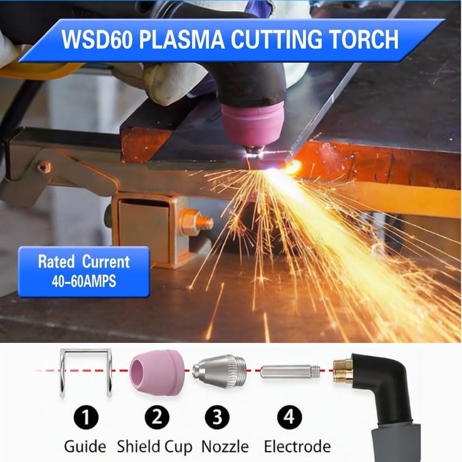 WSD60 plasma cutting torch rated current 40-60 amps cutting steel with consumables breakdown: guide, shield cup, nozzle, electrode