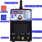 CT-418 digital control panel labeled: LED digital display, mode switch, pulse function button, current adjustment knob, TIG and plasma torch ports, ground clamp and electrode holder ports