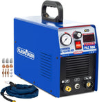 PLC55X plasma cutter side view with carry handle, front control panel, LED current display and 3 sets of copper consumables