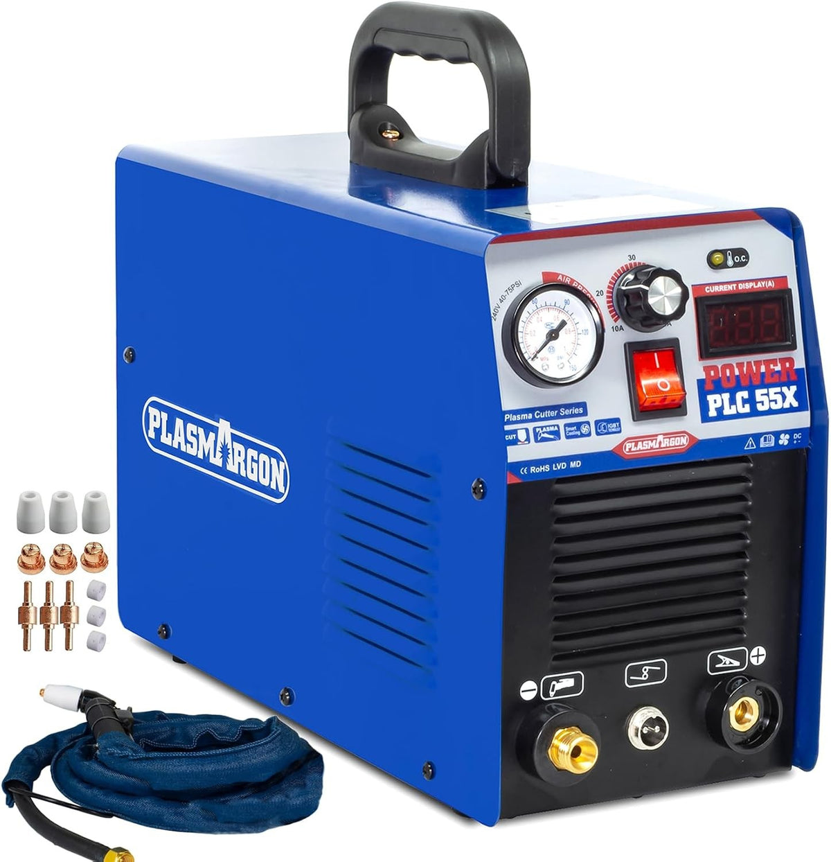 PLC55X plasma cutter side view with carry handle, front control panel, LED current display and 3 sets of copper consumables