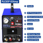 PLC65Pro control panel labeled: handle, air pressure gauge, current adjust knob, LED current display, switch, air vent, P80 cutter torch, pilot arc interface, ground clamp