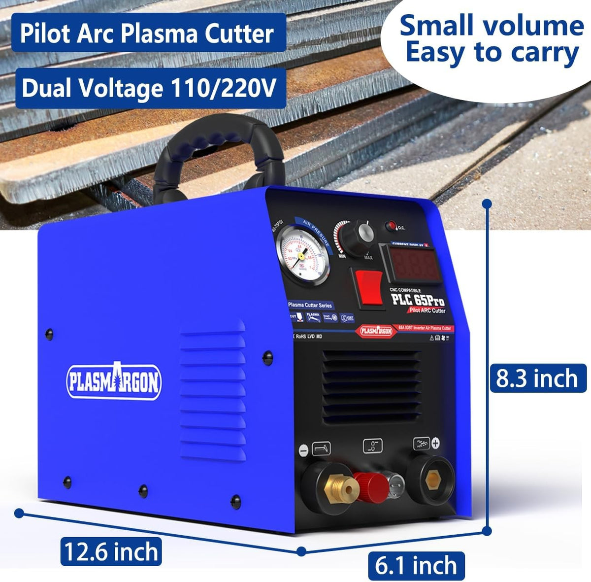 PLC65Pro compact dimensions 12.6 by 6.1 by 8.3 inches, small volume easy to carry pilot arc plasma cutter with dual voltage 110/220V