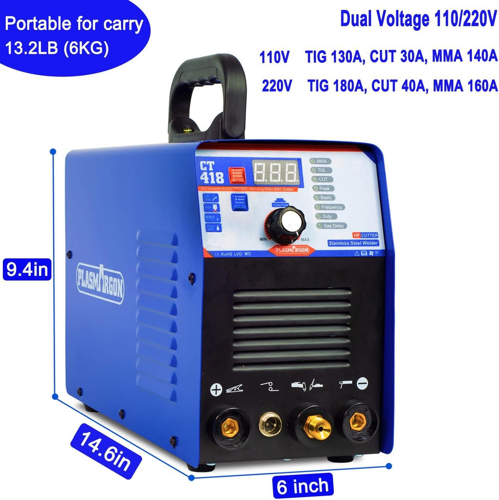 CT-418 dimensions 14.6 x 9.4 x 6 inches, 13.2 lb portable, dual voltage output chart: 110V TIG 130A CUT 30A MMA 140A, 220V TIG 180A CUT 40A MMA 160A