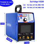 CT-418 dimensions 14.6 x 9.4 x 6 inches, 13.2 lb portable, dual voltage output chart: 110V TIG 130A CUT 30A MMA 140A, 220V TIG 180A CUT 40A MMA 160A