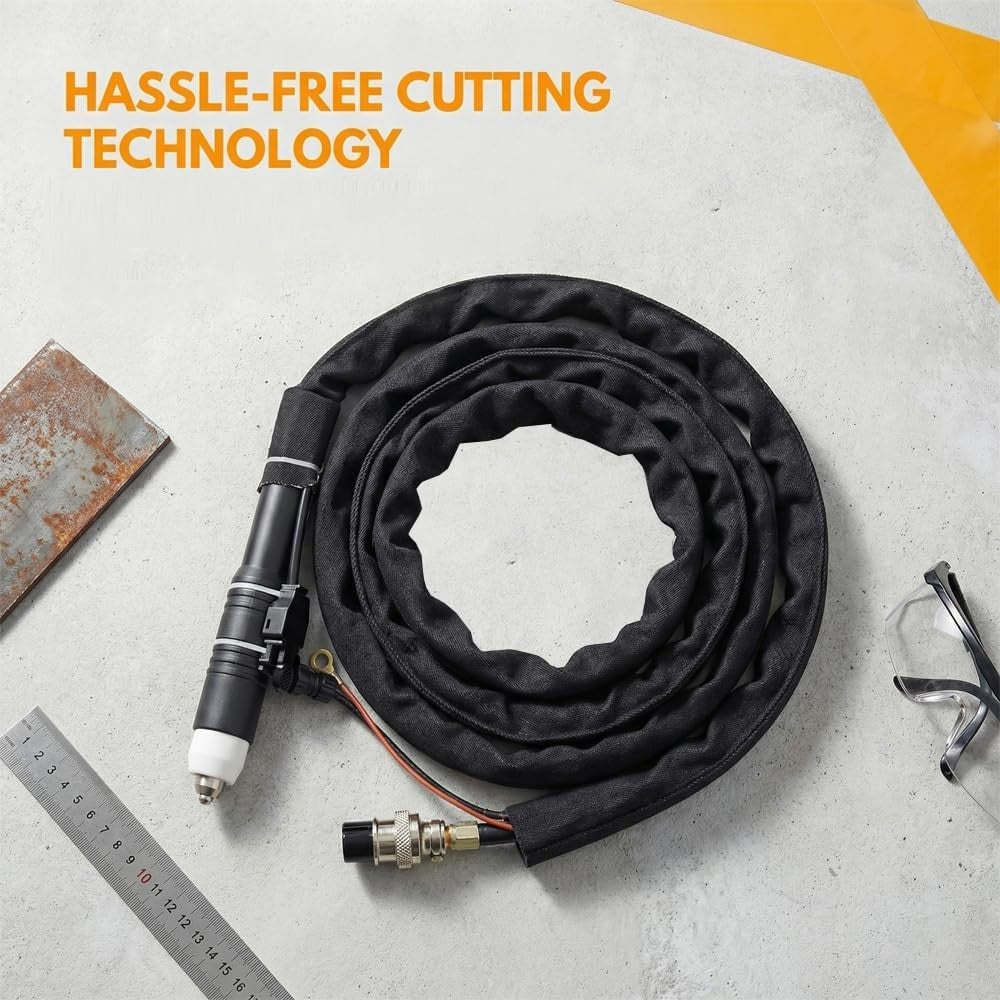 P80 plasma cutting torch with coiled cable, hassle-free pilot arc cutting technology overhead view