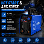 ZX7-250 beginner-friendly welding control with hot start, arc force and anti-stick features for easier arc starting and stable welds