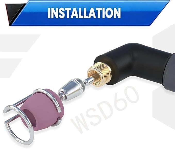 WSD60 plasma torch installation: assembled torch head with guide, shield cup, nozzle and electrode