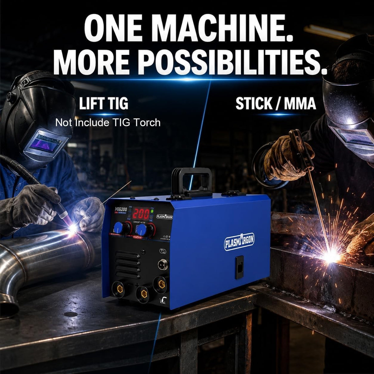 Welder using MIG200 for Lift TIG welding and stick MMA welding on steel pipe, TIG torch not included