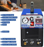 PLC55X labeled control panel: air pressure gauge, current knob, temperature indicator, LED display, switch and interfaces