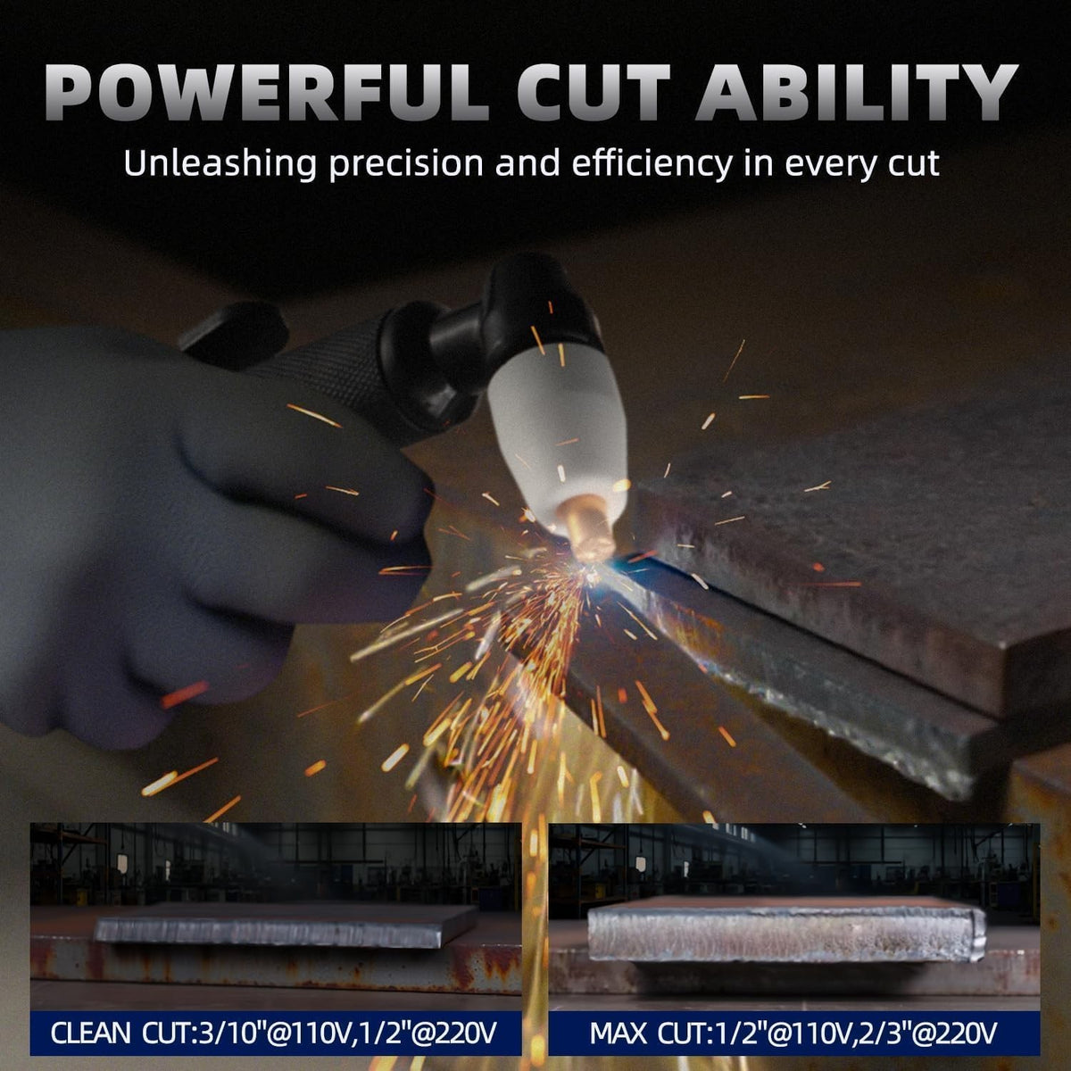 200ARCUT55 powerful cut ability: clean cut 3/10 inch at 110V and 1/2 inch at 220V, max cut 1/2 inch at 110V and 2/3 inch at 220V