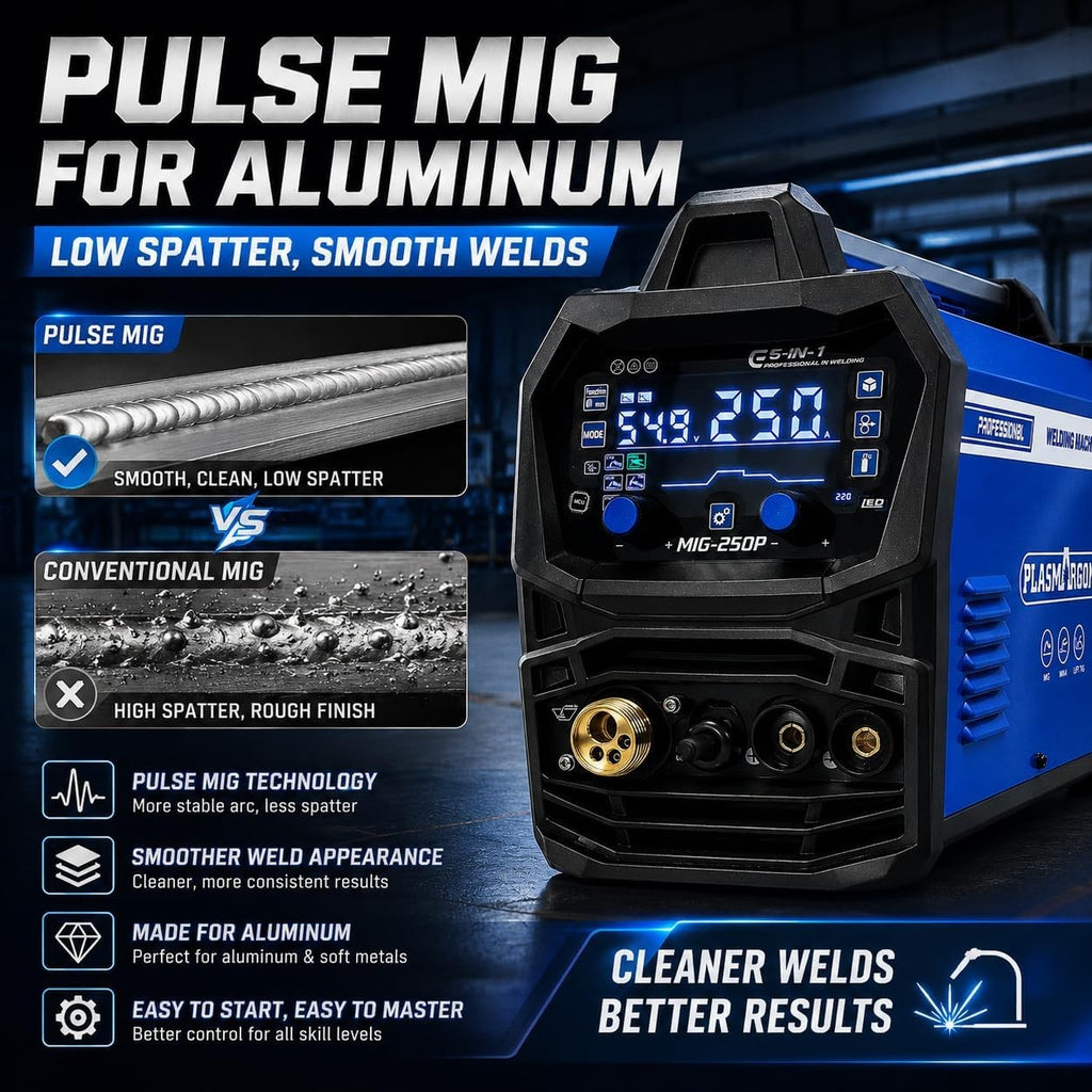 MIG-250P pulse MIG for aluminum: low spatter, smooth clean welds, cleaner results compared with conventional MIG