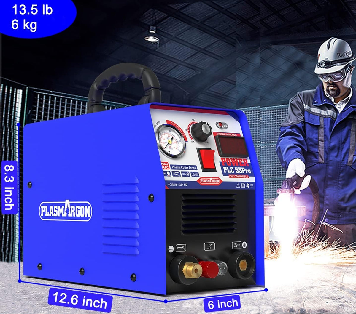 PLC55Pro dimensions 12.6 by 6 by 8.3 inches and weight 13.5 pounds 6 kg, portable plasma cutter for workshop and site work