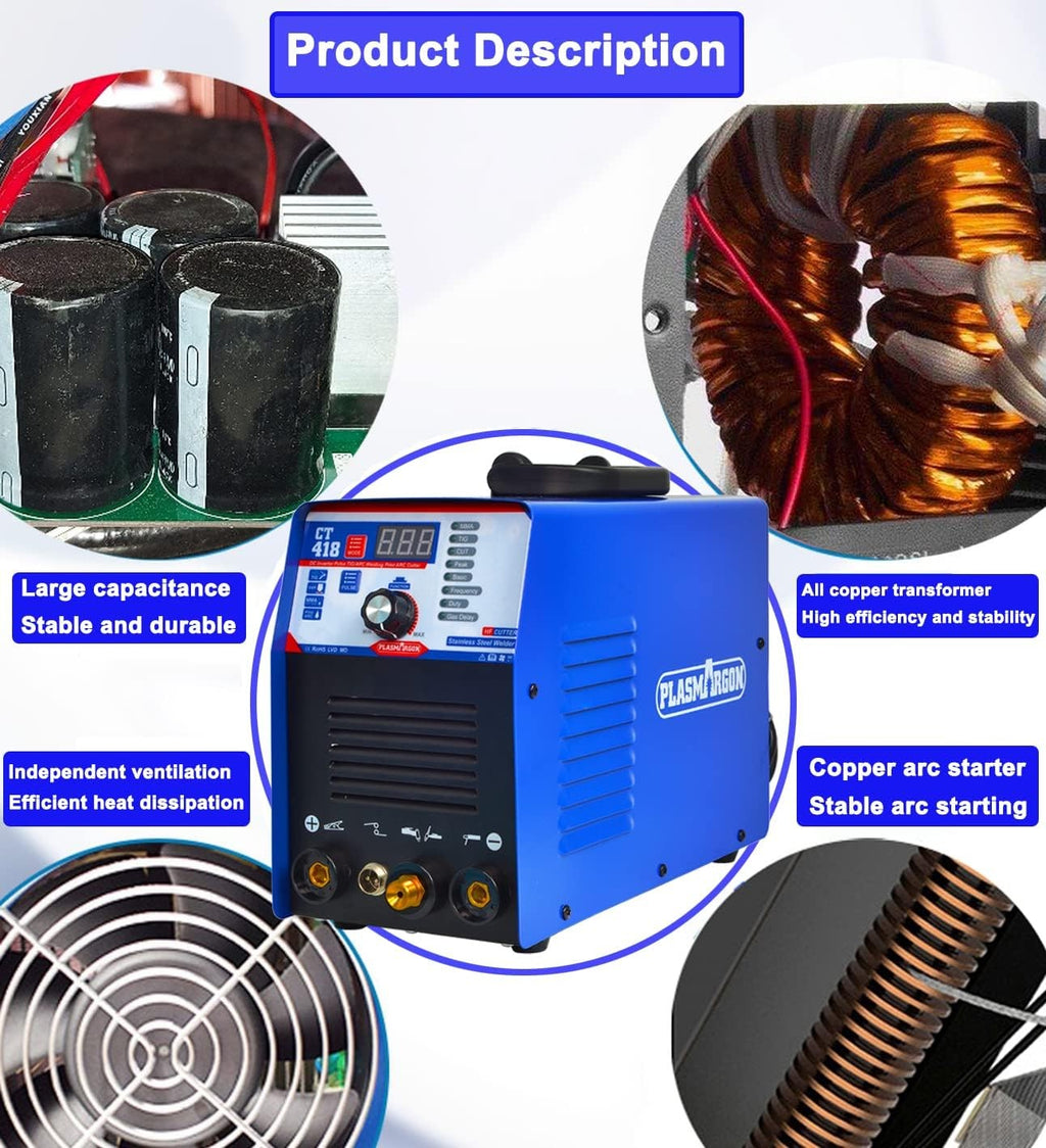 CT-418 internal components: large capacity capacitors, all-copper transformer, independent ventilation fan and copper arc starter for stable output