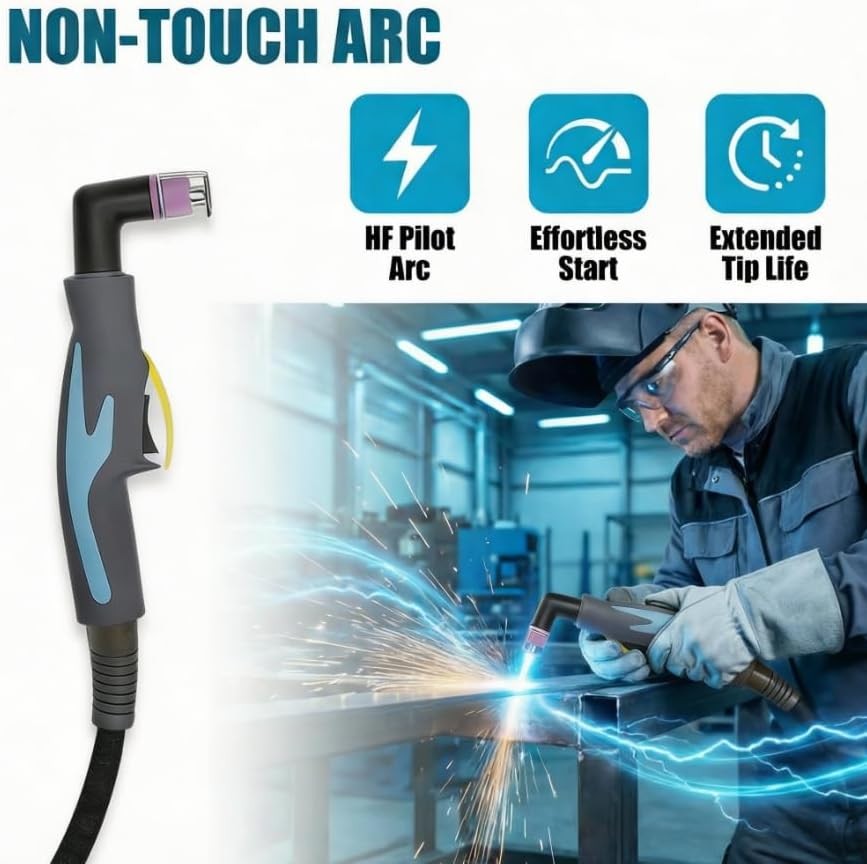 WSD60 non-touch arc plasma torch: HF pilot arc, effortless start and extended tip life with welder in action