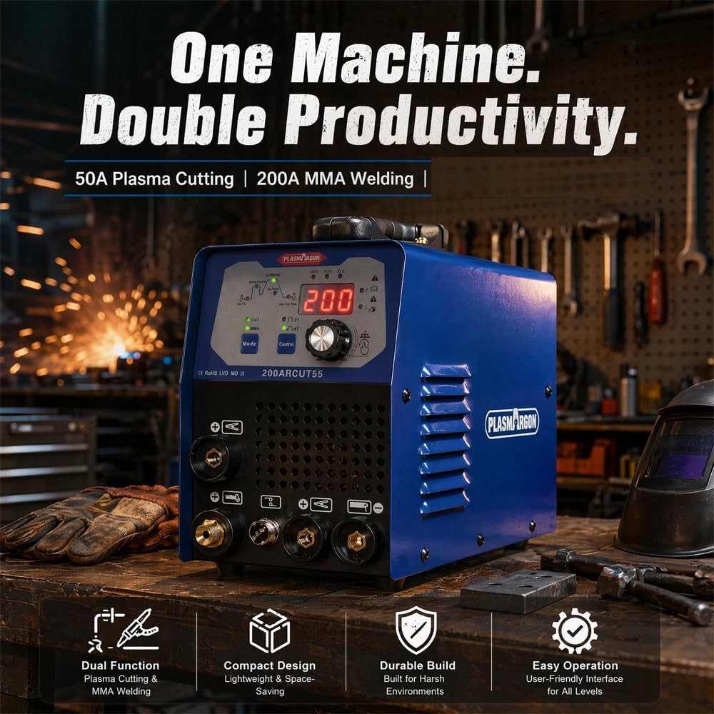 200ARCUT55 one machine double productivity: plasma cutting and 200A MMA welding with dual function, compact design, durable build and easy operation