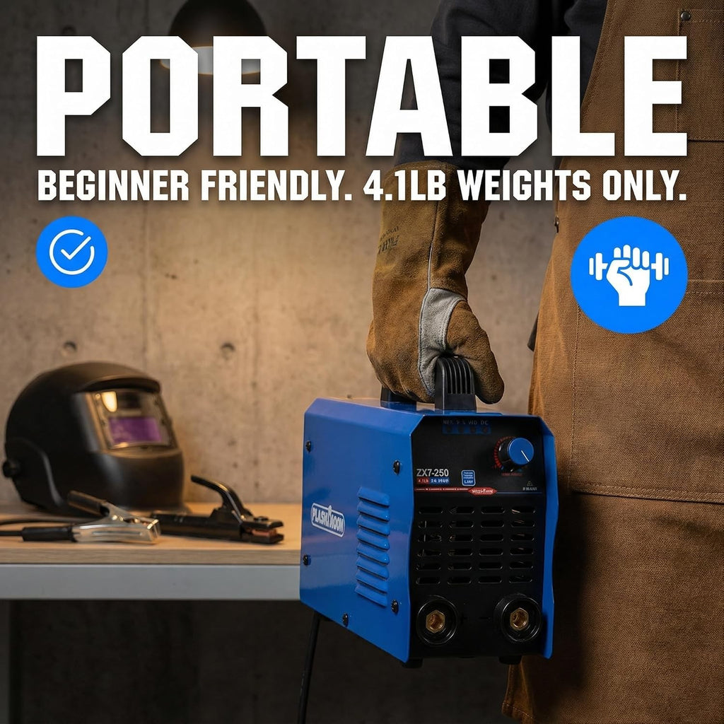 ZX7-250 portable welder weighing only 4.1 lb carried by hand, beginner friendly for home and garage welding