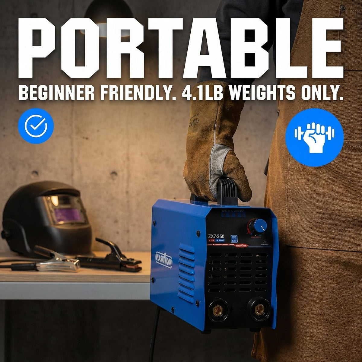 ZX7-250 portable welder weighing only 4.1 lb carried by hand, beginner friendly for home and garage welding