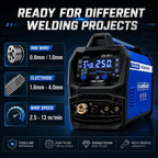 MIG-250P ready for different welding projects: 0.8mm and 1.0mm MIG wire, 1.6 to 4.0mm electrodes, wire speed 2.5 to 13 m per minute