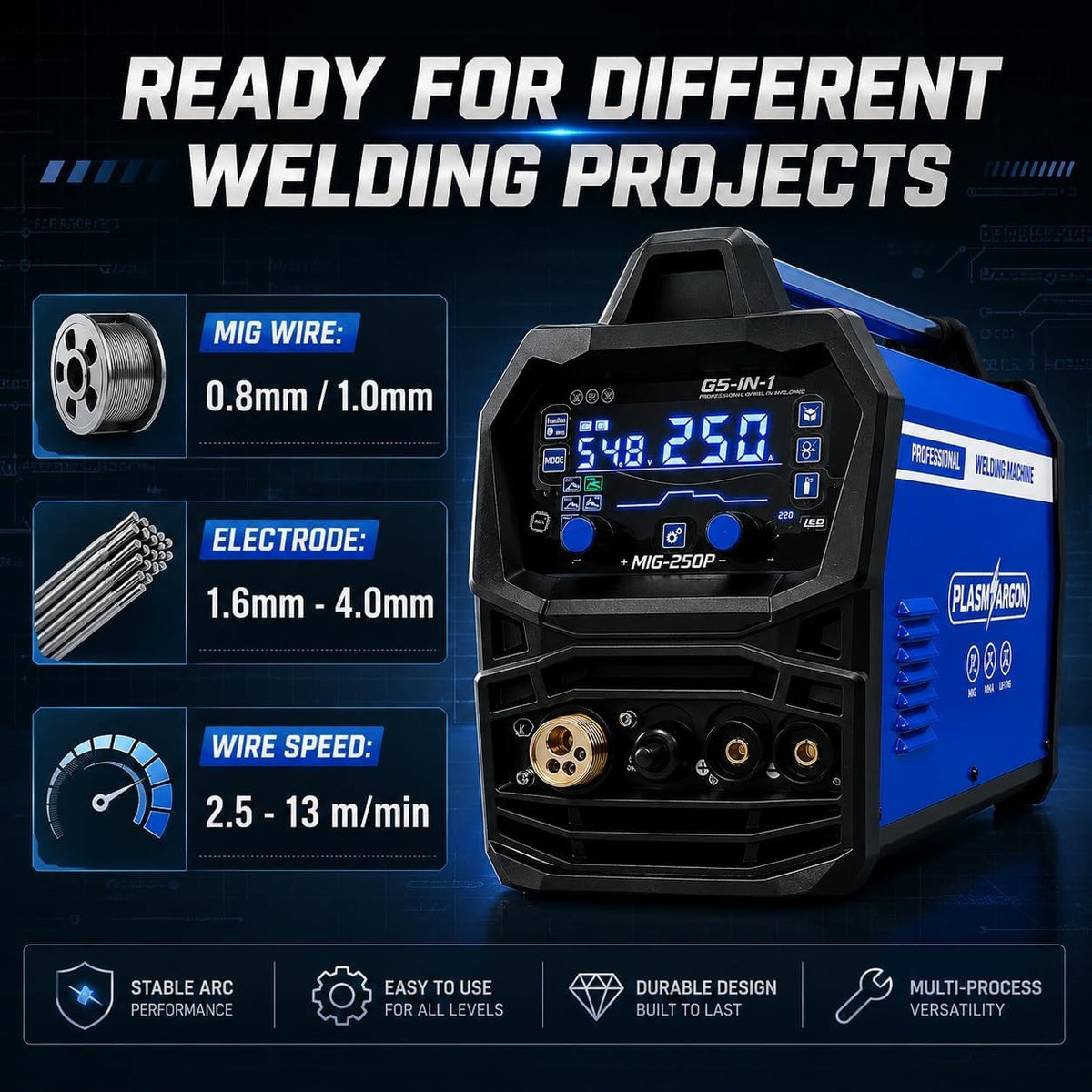 MIG-250P ready for different welding projects: 0.8mm and 1.0mm MIG wire, 1.6 to 4.0mm electrodes, wire speed 2.5 to 13 m per minute