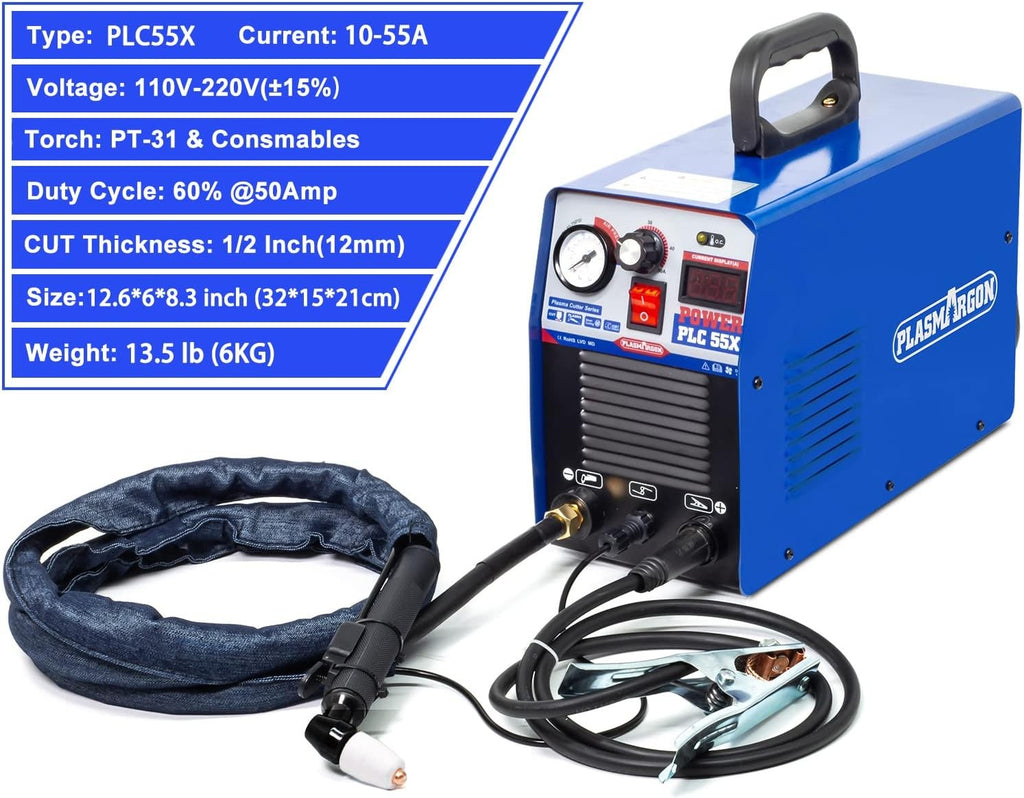 PLC55X specifications: 10-55A current, 110V-220V dual voltage, PT-31 torch, 1/2 inch 12mm cut thickness and 13.2 lb weight
