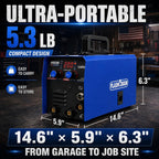 MIG200 welder dimensions 14.6 x 5.9 x 6.3 inches, 5.3 lb compact portable design