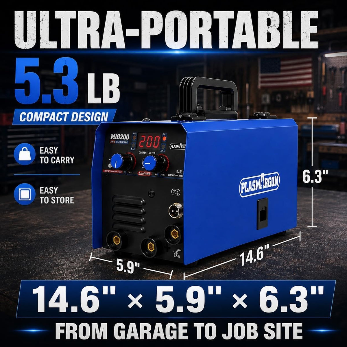 MIG200 welder dimensions 14.6 x 5.9 x 6.3 inches, 5.3 lb compact portable design