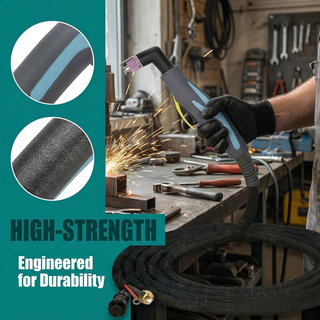 WSD60 torch high-strength durable cable engineered for durability with close-up texture detail and worker holding torch