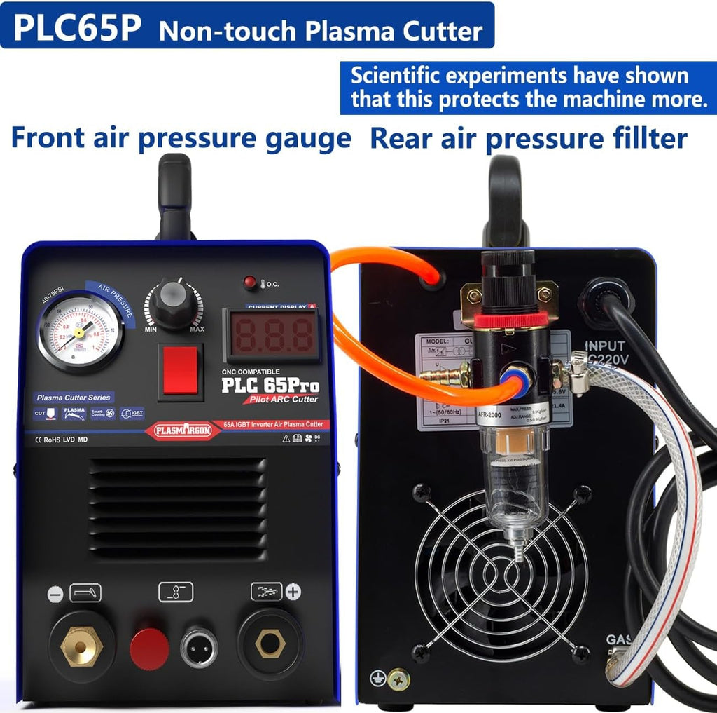 PLC65Pro non-touch plasma cutter with front air pressure gauge and rear air pressure filter for better machine protection