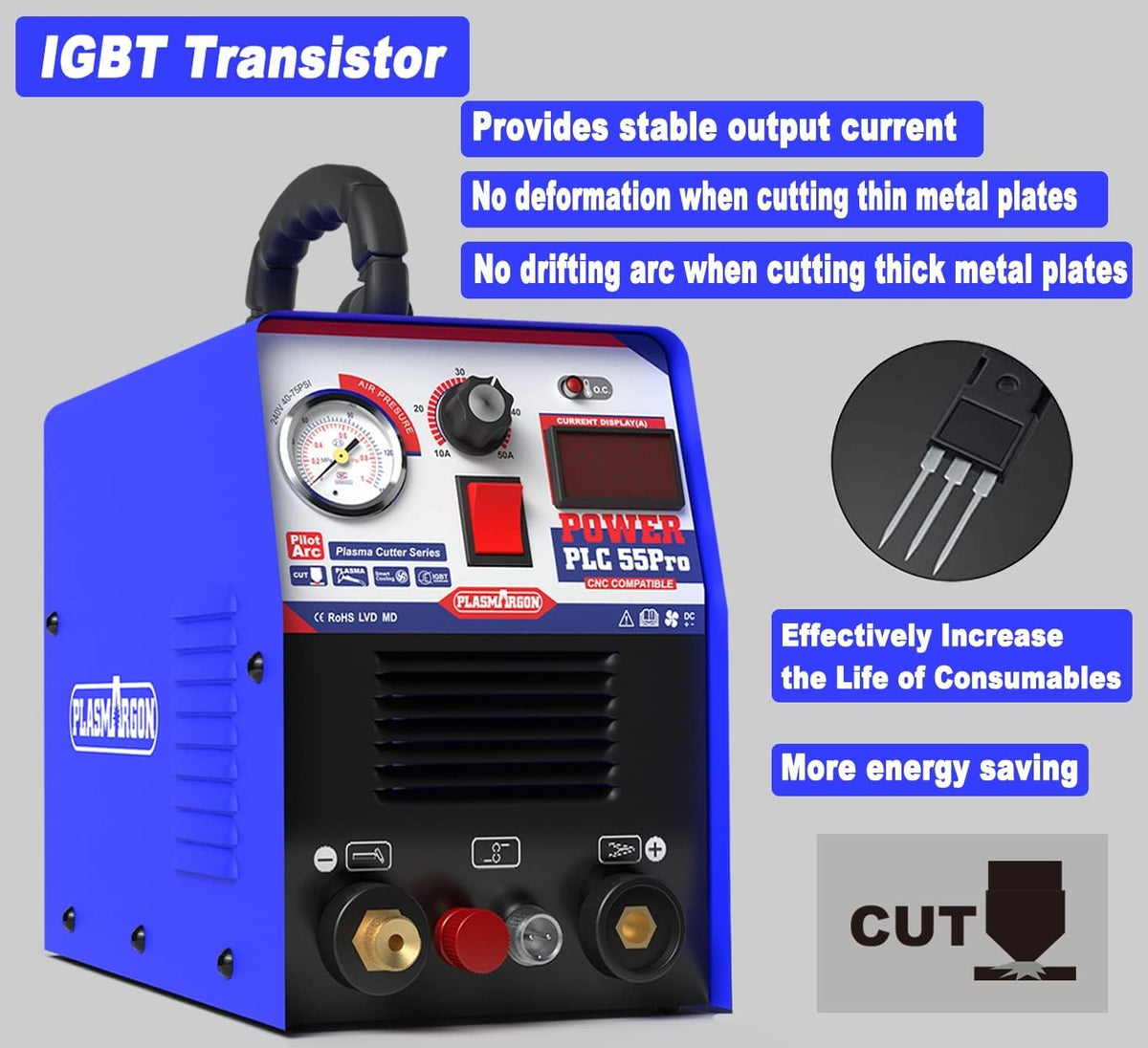 PLC55Pro IGBT transistor with stable output current: no deformation on thin plates, no drifting arc on thick plates