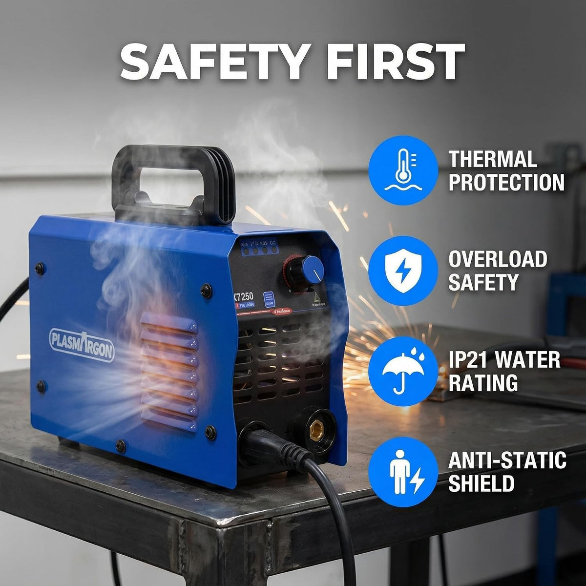 ZX7-250 safety features: thermal protection, overload safety, IP21 water rating and anti-static shield