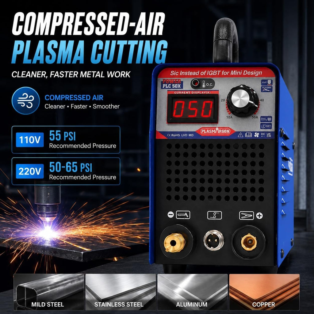 PLC 50X compressed-air plasma cutting with 55 PSI recommended at 110V and 50-65 PSI at 220V, cuts mild steel, stainless steel, aluminum and copper
