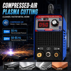 PLC 50X compressed-air plasma cutting with 55 PSI recommended at 110V and 50-65 PSI at 220V, cuts mild steel, stainless steel, aluminum and copper