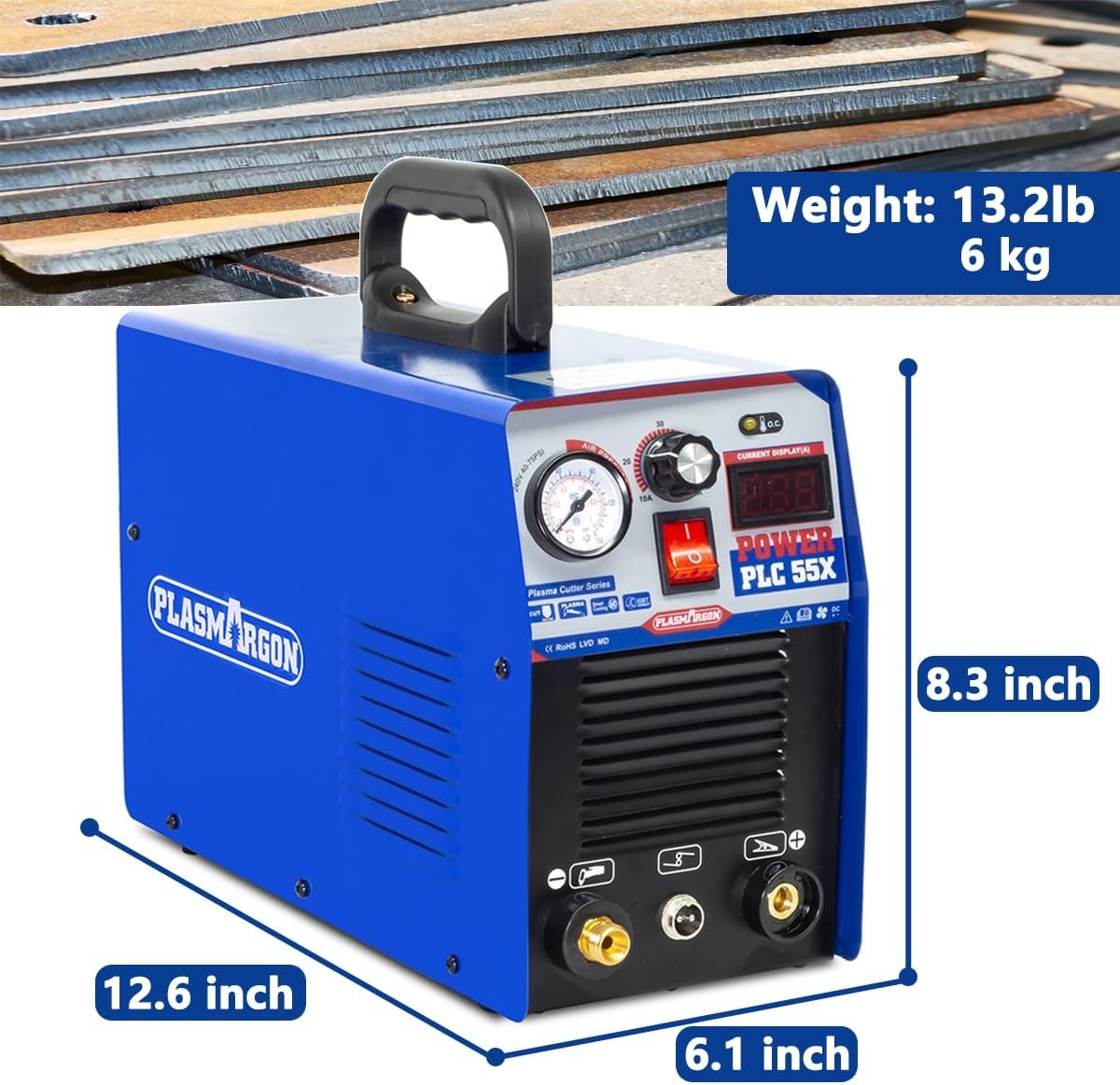 PLC55X dimensions 12.6 by 6.1 by 8.3 inches and weight 13.2 pounds, portable plasma cutter for workshop and outdoor use