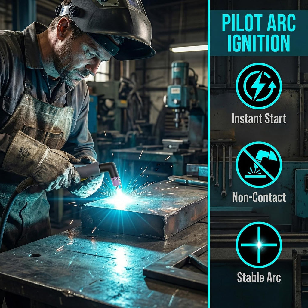 WSD60 pilot arc ignition: instant start, non-contact arcing and stable arc shown cutting steel plate