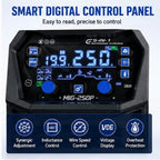 MIG-250P smart digital control panel with synergic adjustment, inductance control, wire speed control, voltage display and overheat protection