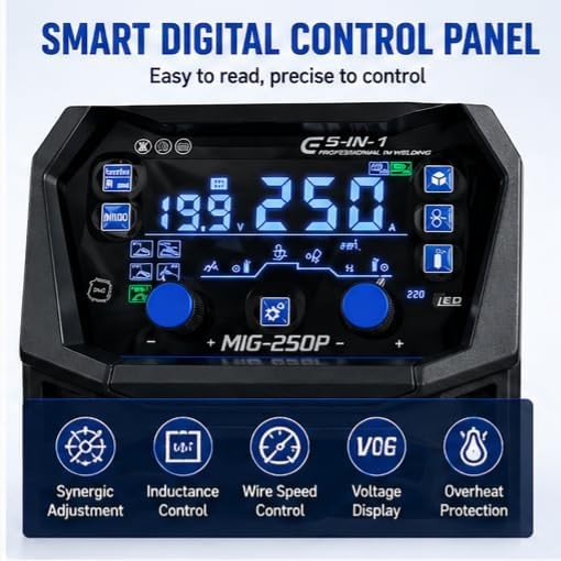 MIG-250P smart digital control panel with synergic adjustment, inductance control, wire speed control, voltage display and overheat protection