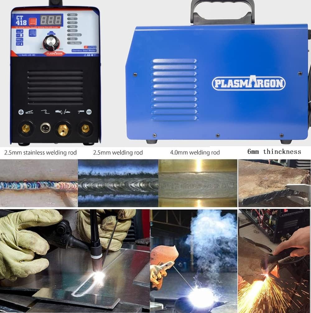 CT-418 welding and cutting results: 2.5 mm stainless rod, 2.5 mm and 4.0 mm welding rods, 6 mm plasma cut thickness, TIG and plasma work examples